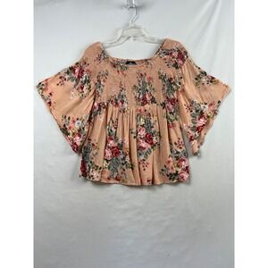 Angie Peasant Top Womens Large Peach Floral Smocked Bell Sleeve Excellent Boho